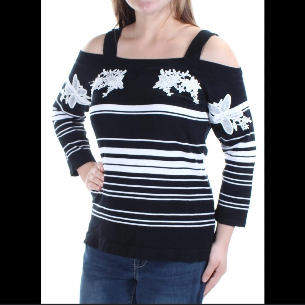 Women’s INC XXL Black White Striped Embroidered Cold Shoulder Sweater - Picture 10 of 12